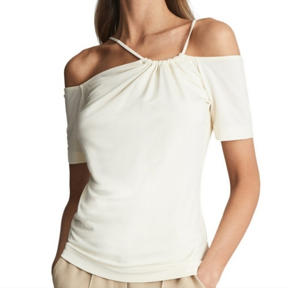 Reiss Cierra Elegant Cream Strappy Off-Shoulder Short Sleeve Top Size Small